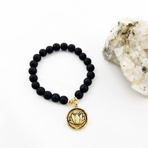 New - Gemstone Onyx Stretch Bracelet with Gold Lotus Charm